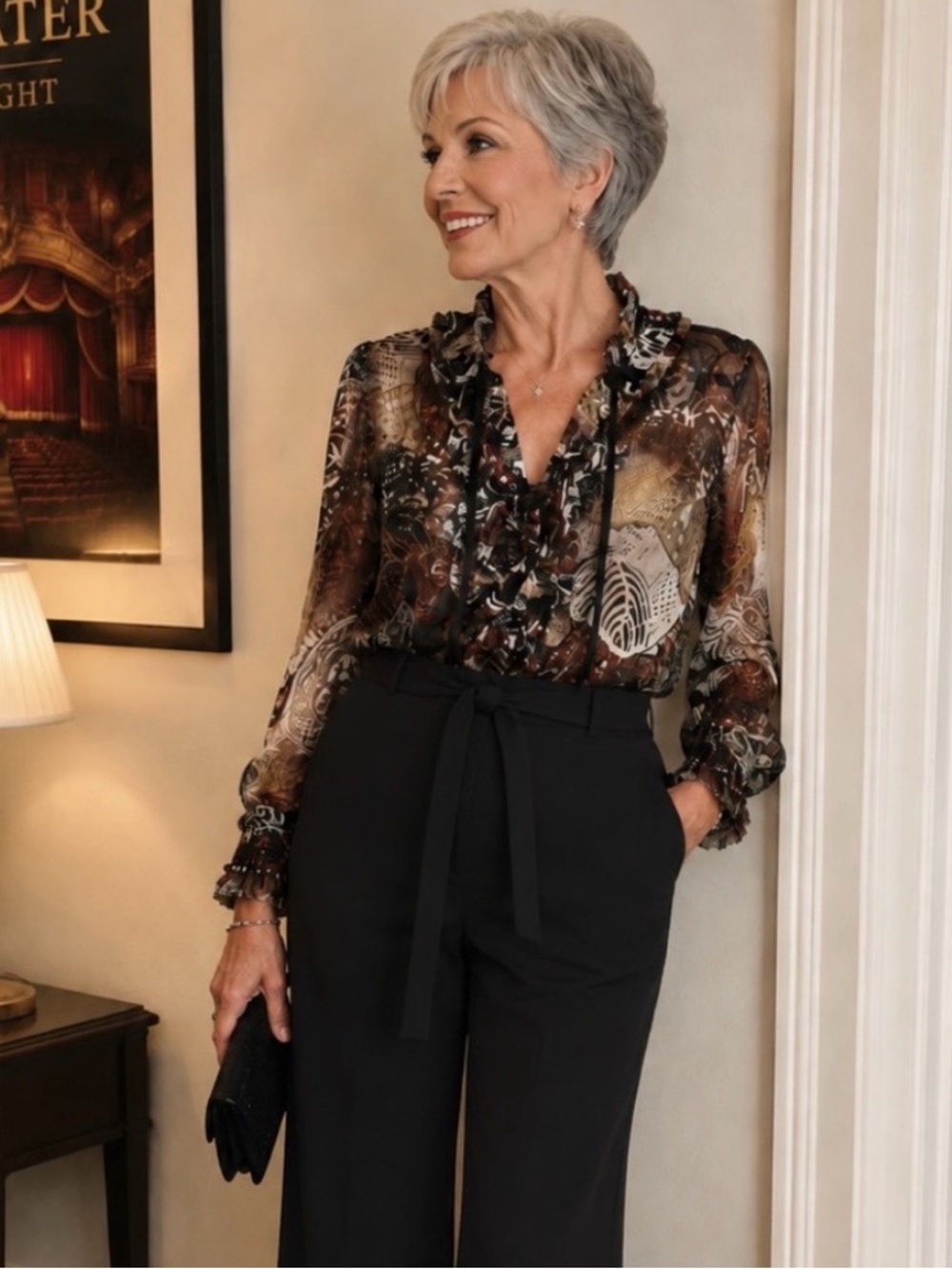 Alberto Makali 100% Silk Black Multi‎ Sheer Ruffle Tie-Neck Blouse. Size Large.